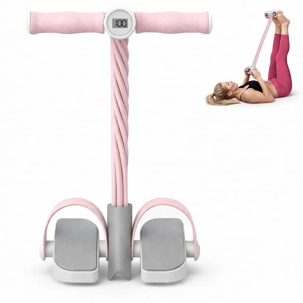Pink foot pedal puller with digital counter and six resistance bands