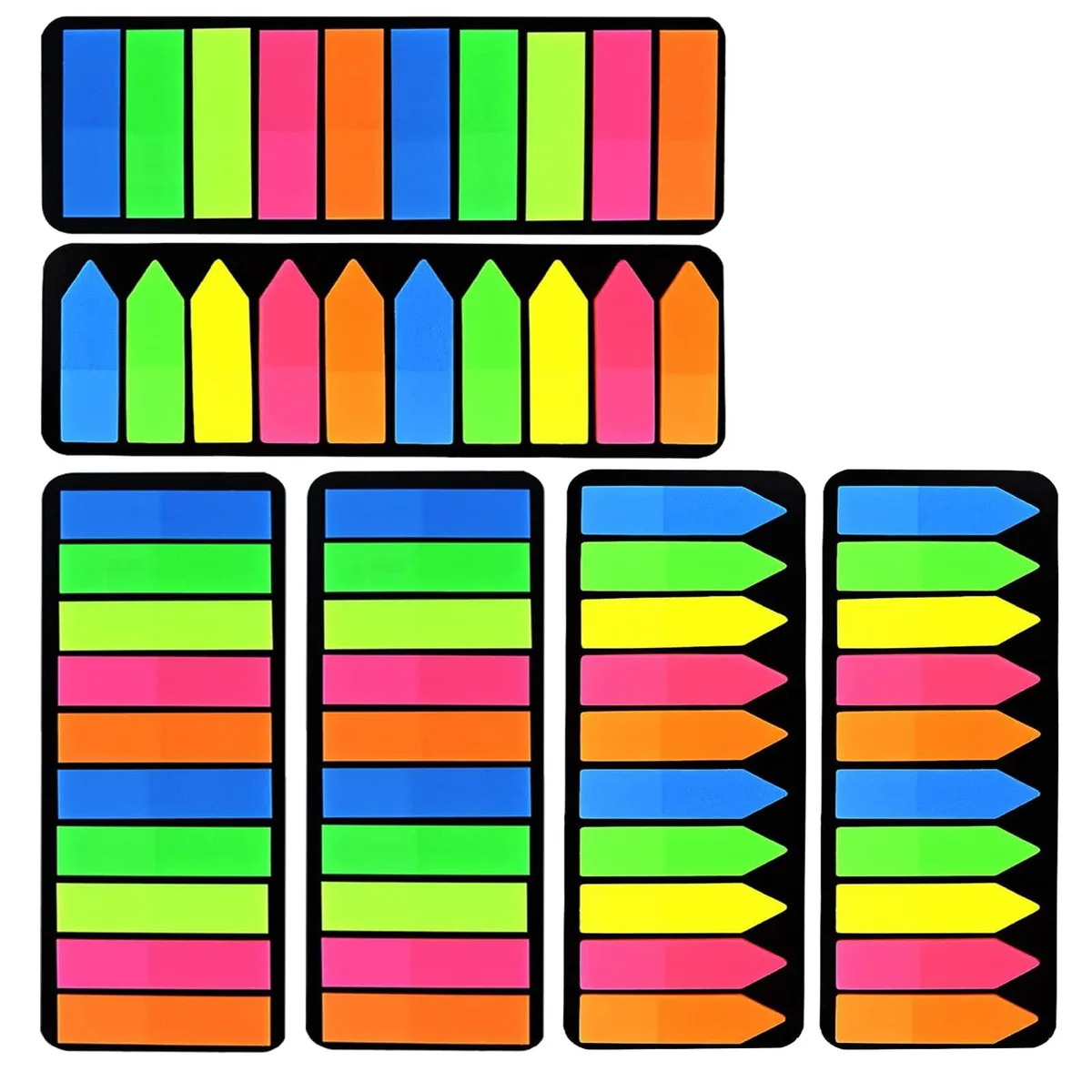 Twelve packs of translucent PET index tabs in five neon colours, rectangle and arrow shapes, 4.5 by 1.2 cm each
