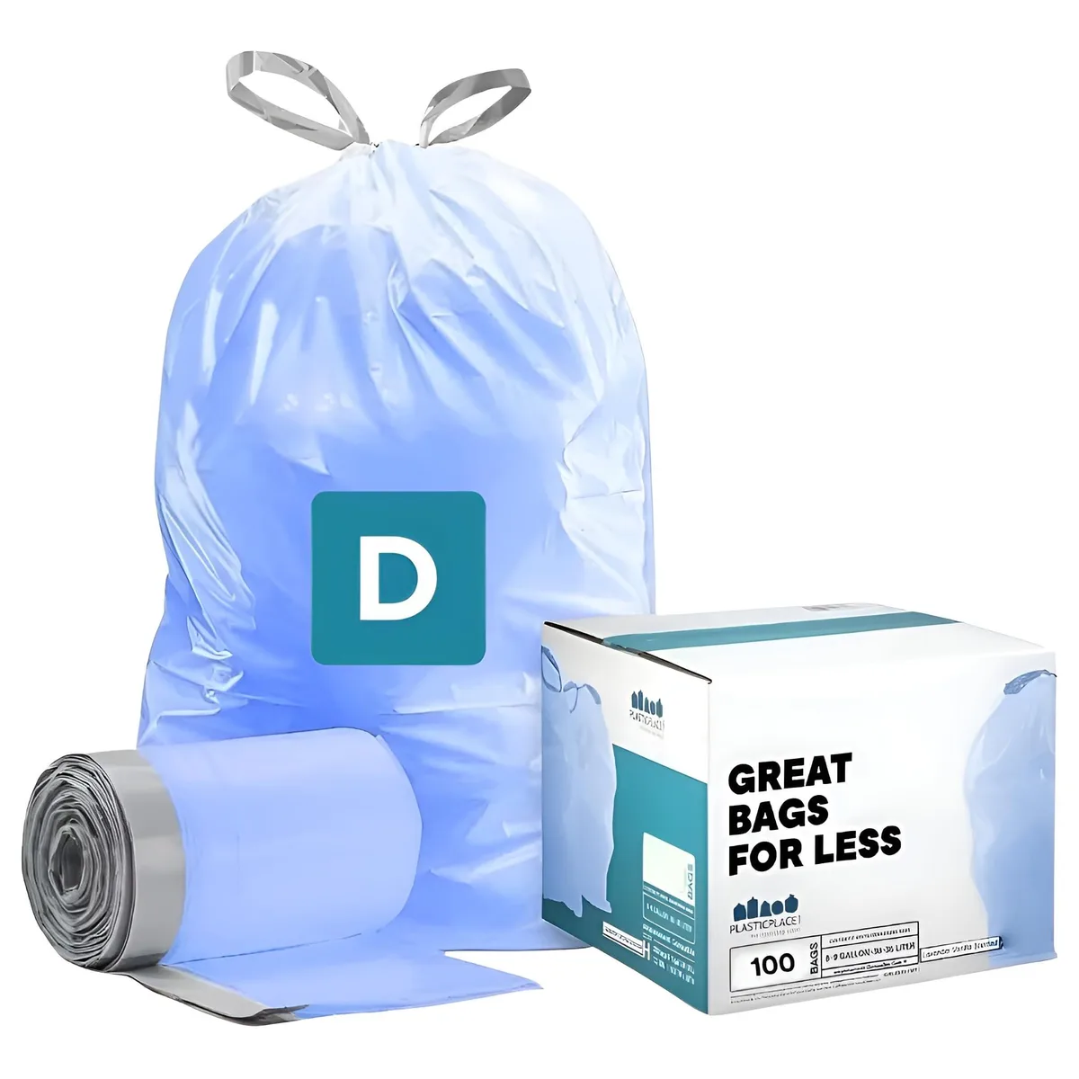 Box of 100 tinted blue drawstring garbage bags, 15.75 by 28 inches, 5.3 gallon capacity