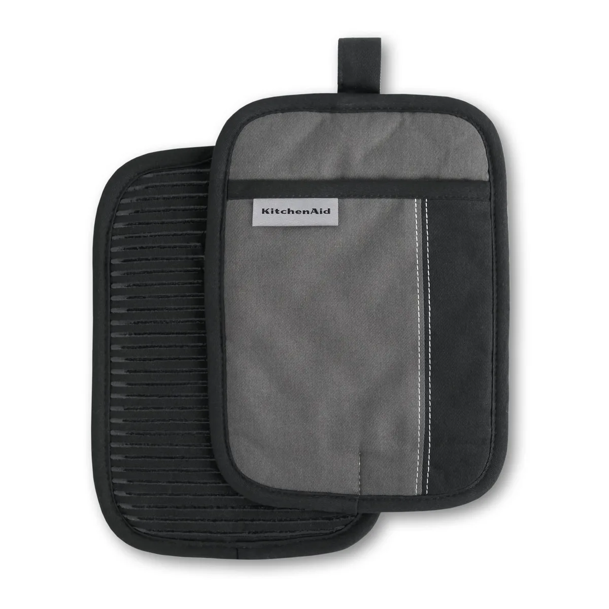 Two rectangular pot holders, silver front and black back, with silicone grip pattern and hanging loops