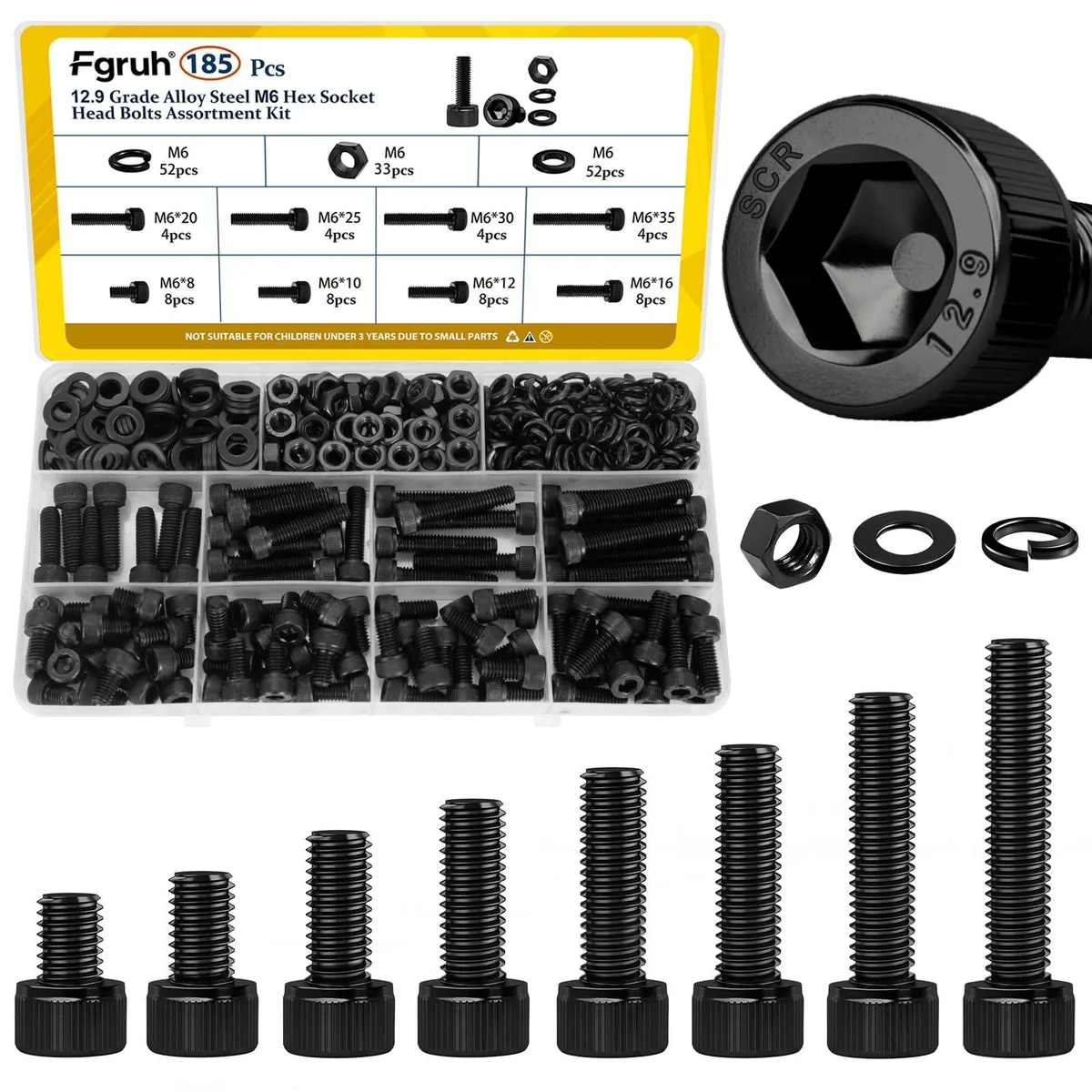 Fgruh M6 Hex Socket Head Cap Screws Kit 185pcs 12.9 Alloy Steel — product photo