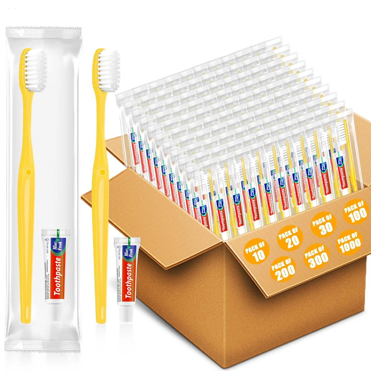 Box of 100 yellow disposable toothbrushes with mini toothpaste tubes, individually wrapped