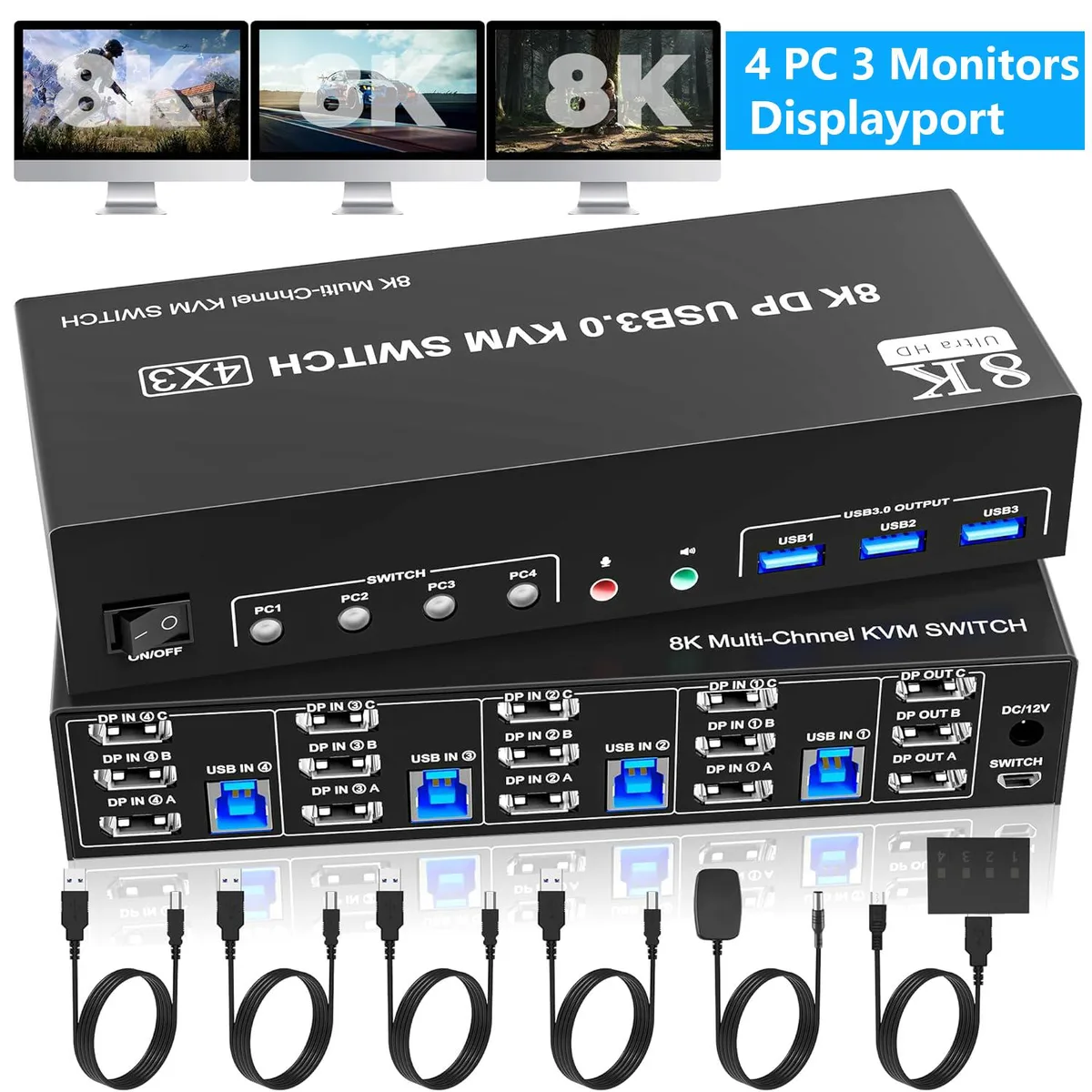 SMA SMA 8K@60Hz 4K@144Hz DisplayPort 1.4 KVM Switch 4 Computers 3 Monitors USB 3.0 Audio — product photo