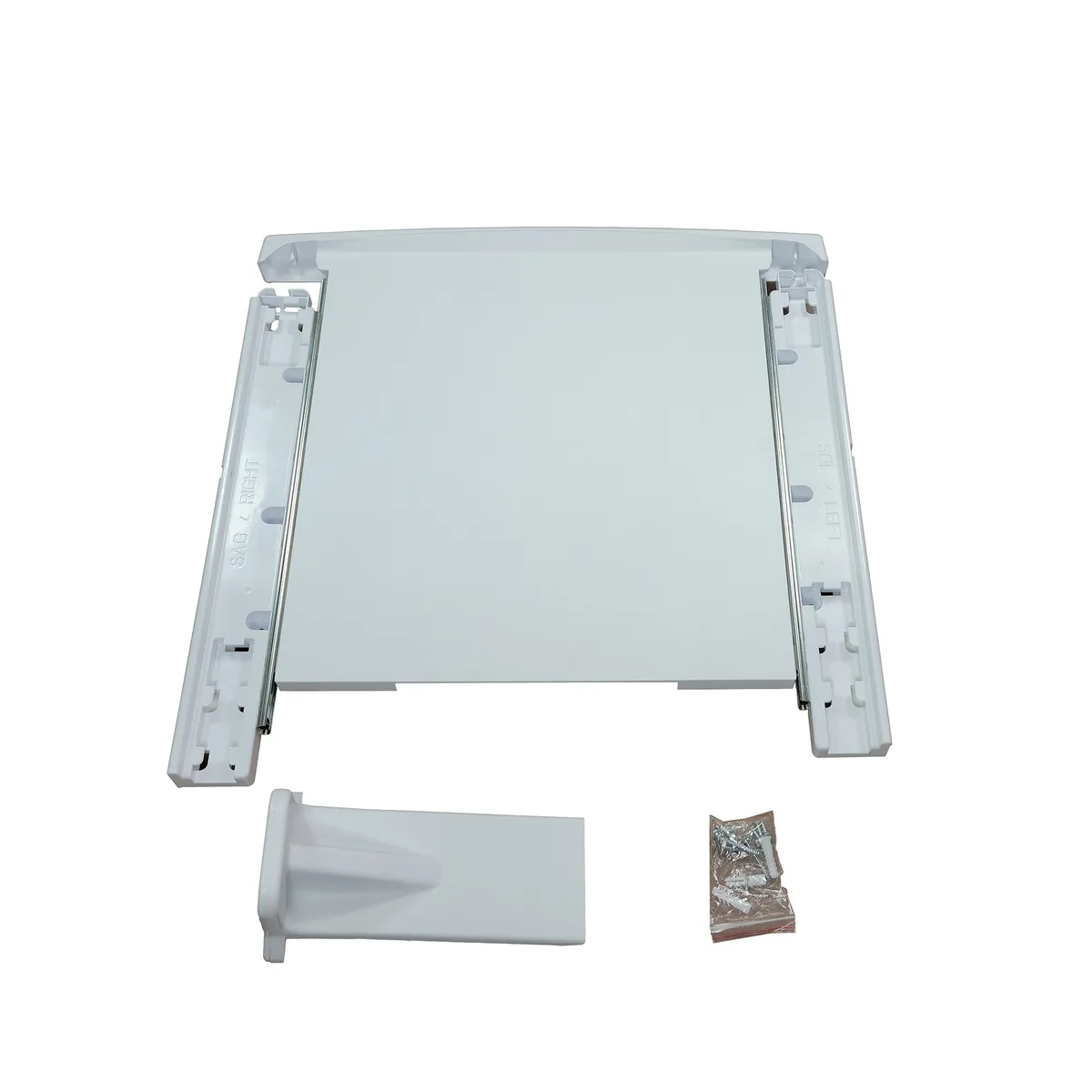 White metal stacking frame with pull-out tray for 24 in washer and dryer