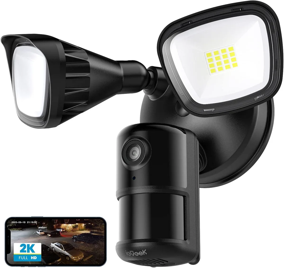 White rectangular floodlight camera with twin LED panels and central lens