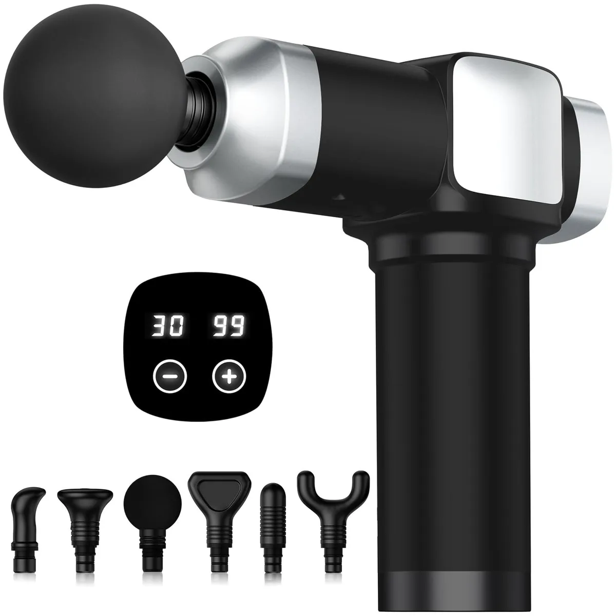 Blue handheld percussion massager with six interchangeable heads
