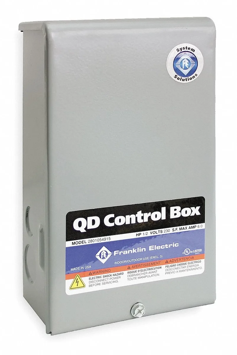 Rectangular grey control box with front panel labels