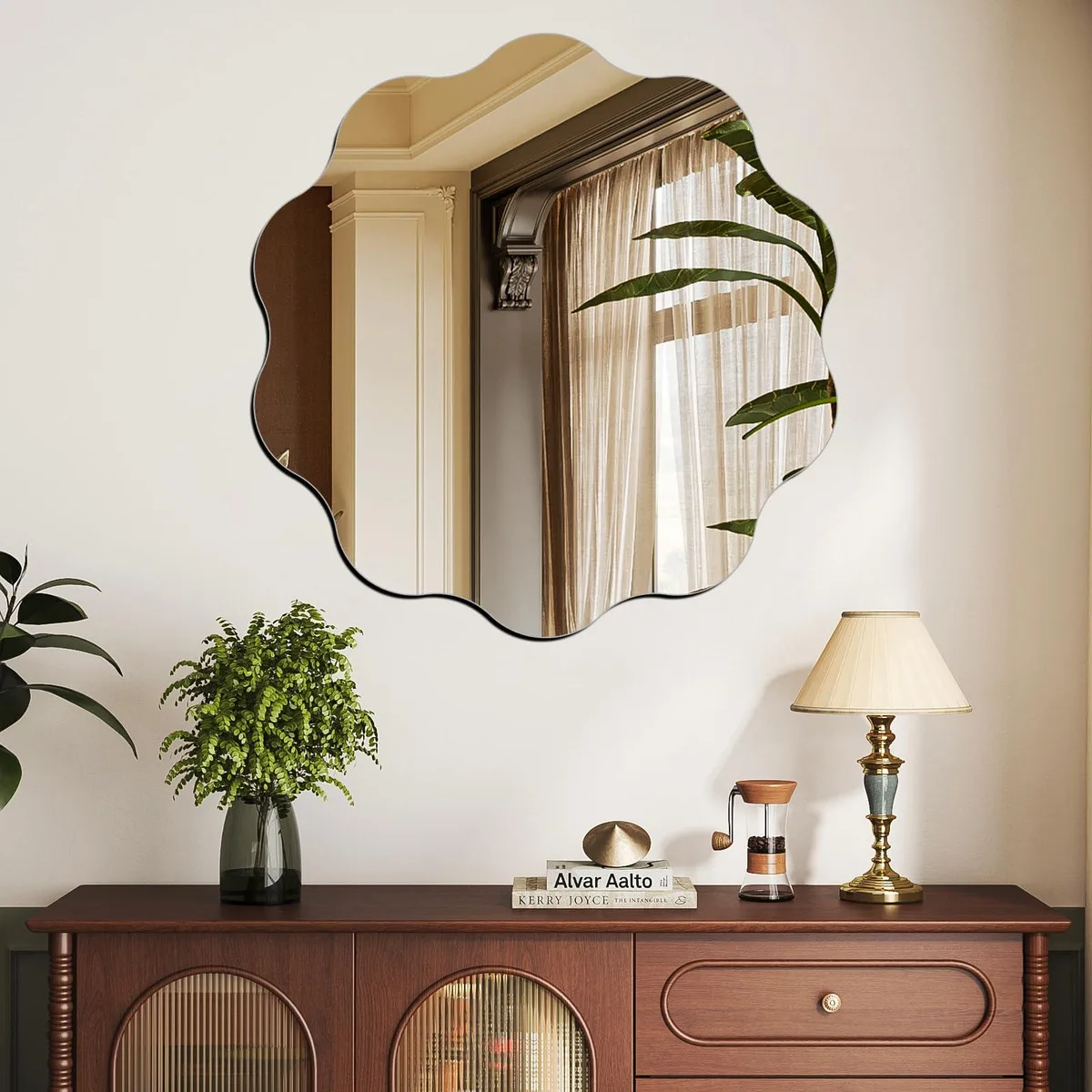 Round wavy acrylic mirror, 11.8 inch frameless scalloped edge, mirror finish