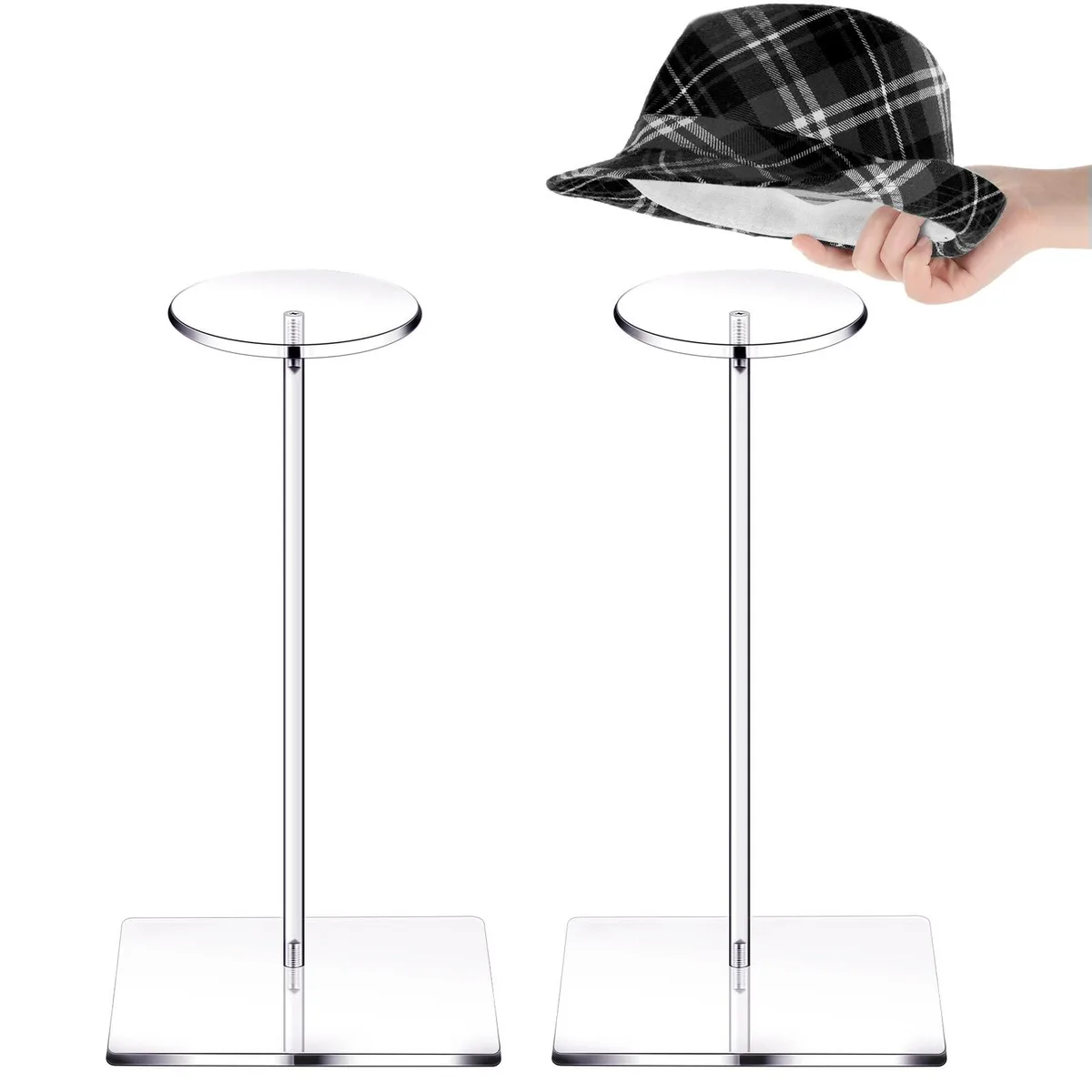 Two clear acrylic hat stands square bases 12 inch height
