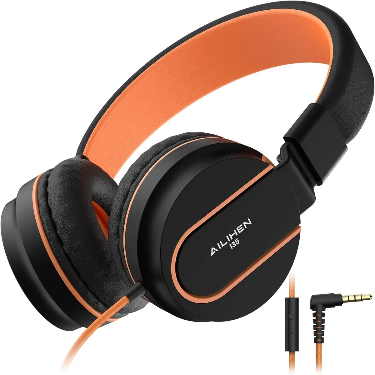 TUKO TUKO I35 Kids Headphones 93dB Volume Limited Foldable Wired 3.5mm Black Orange — product photo