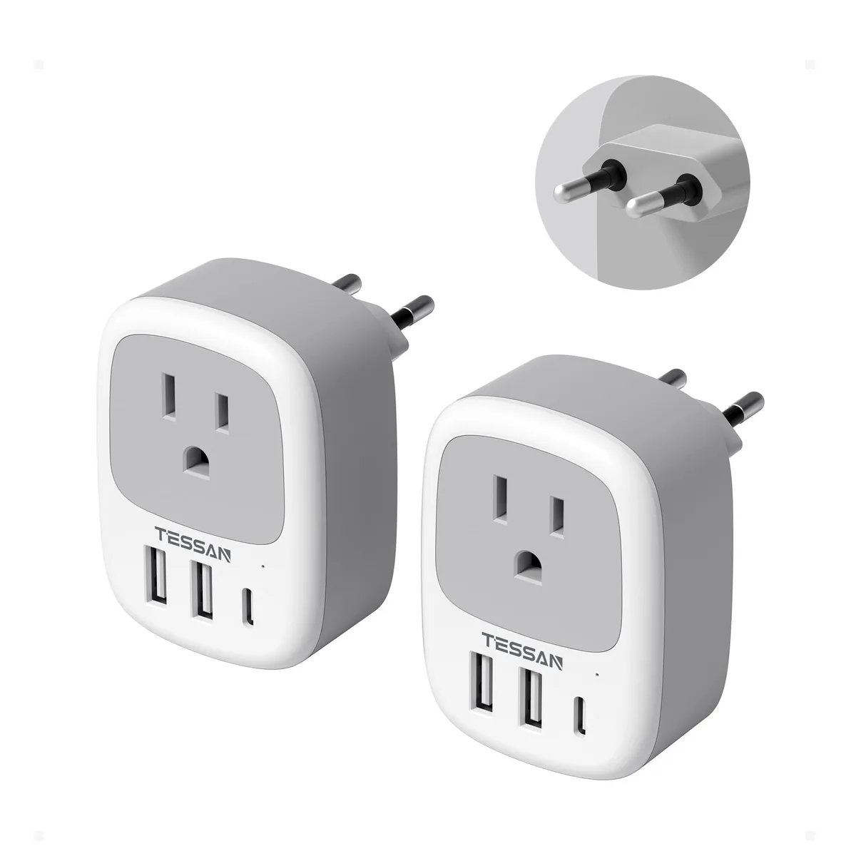  TESSAN TS-TA03USEU 2-Pack EU Travel Adapter 3 USB Ports 1 USB-C — product photo