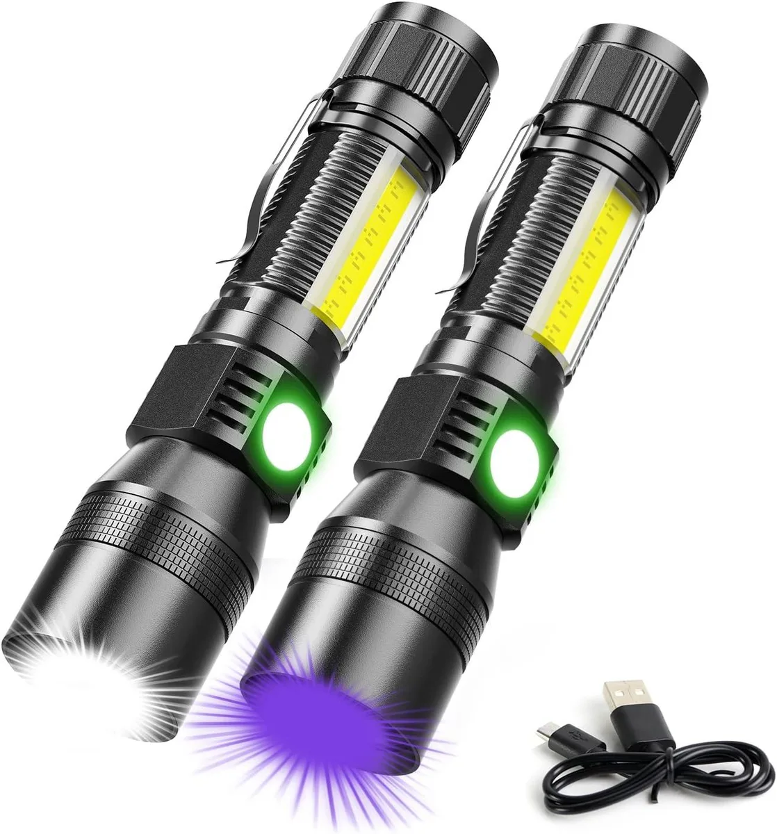 Black cylindrical flashlight with magnetic base and side COB panel