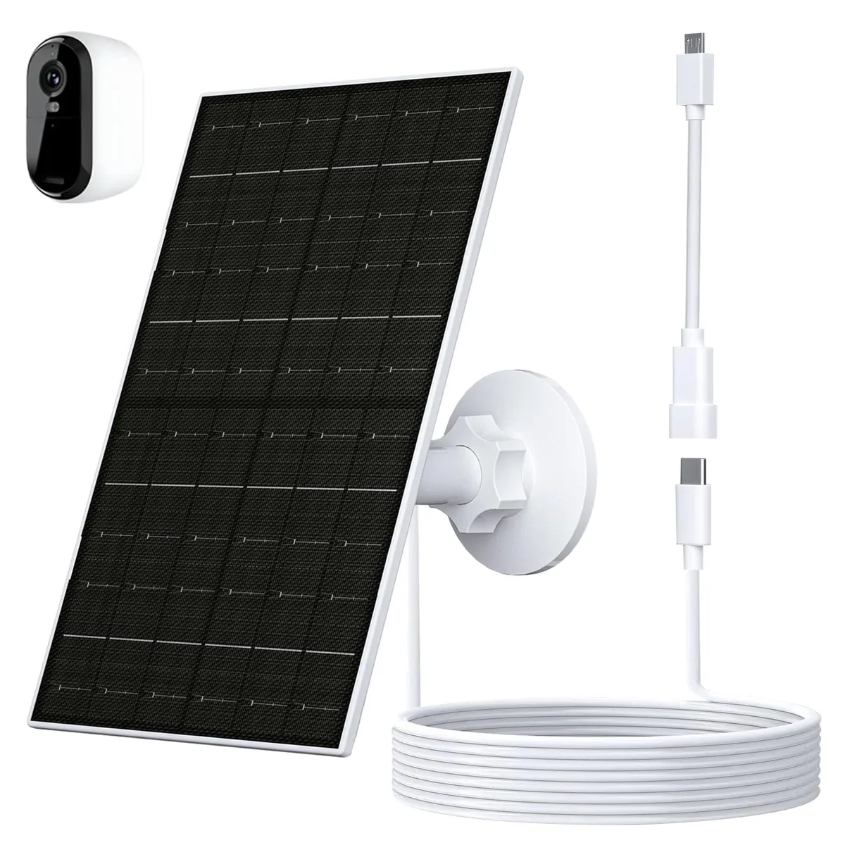 Rectangular black solar panel, 8.66 by 5.71 inches, with adjustable mount and 9.8ft cable