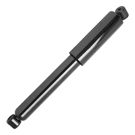 Silver cylindrical rear shock absorber with piston rod and mounting eyelets, new condition