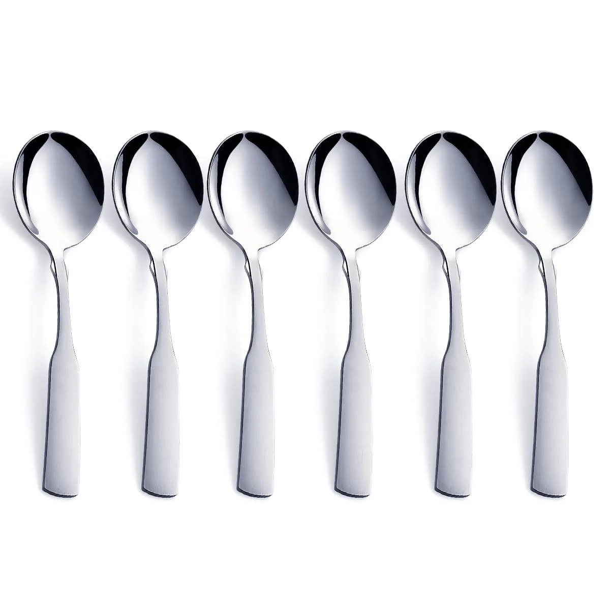 Sixteen stainless steel soup spoons, mirror-finished bowls and satin-finished handles, silver colour