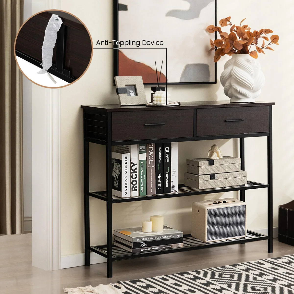 Dark brown entryway table with two drawers and two metal shelves