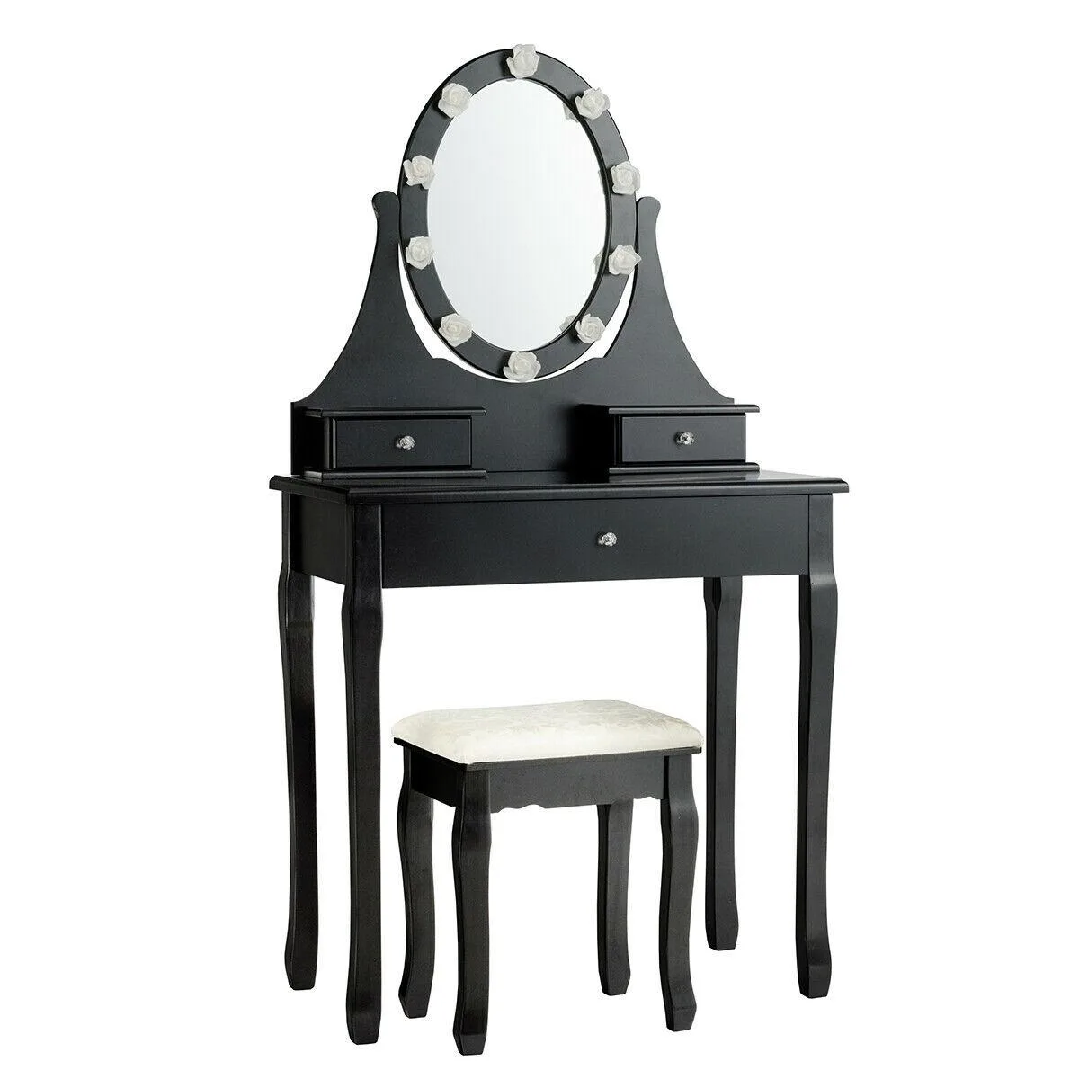 Black vanity set with lighted mirror three drawers and padded stool