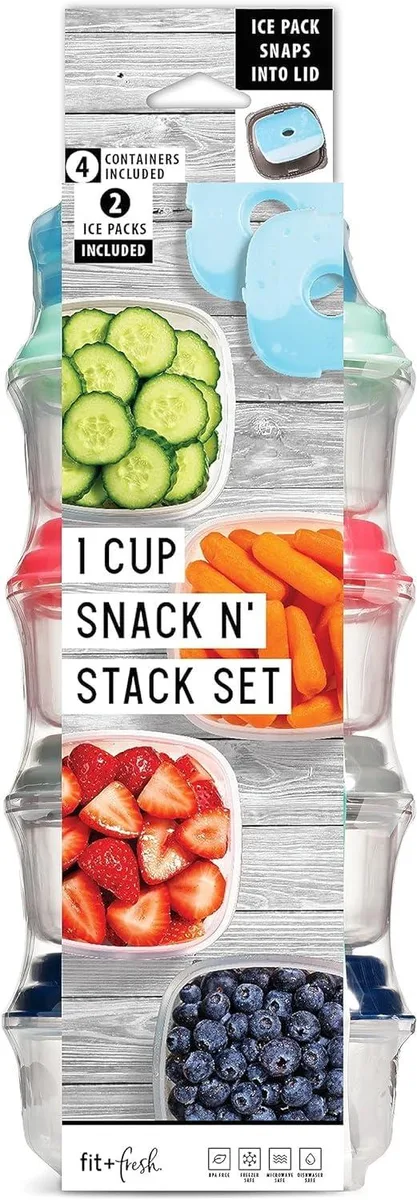 Light blue square plastic food containers with snap lids and two slim ice packs attached, stackable set