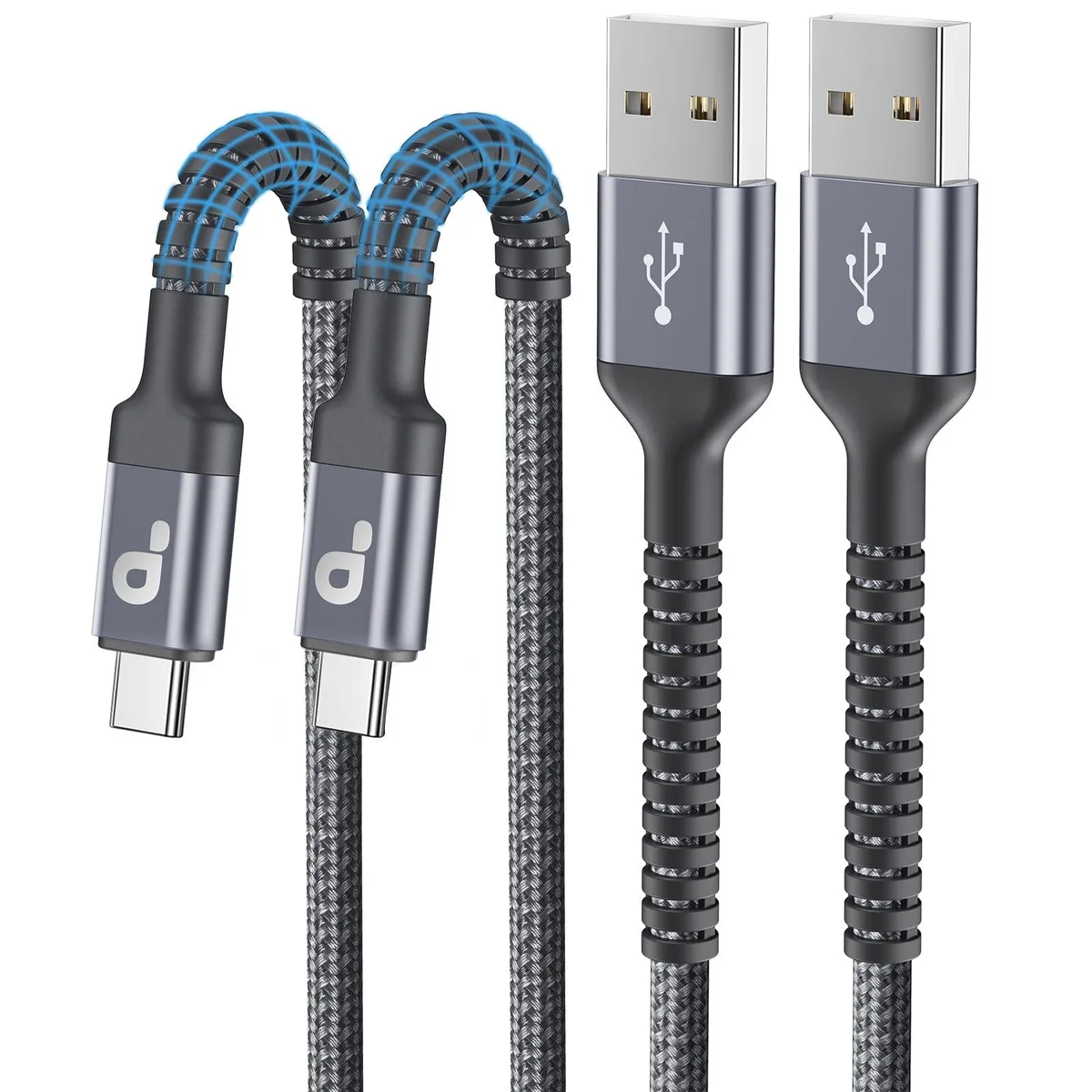 Orange braided USB-A to USB-C cable, three feet long