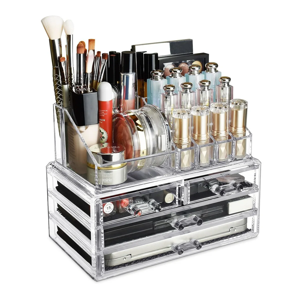 Clear acrylic four-drawer bath organiser with twelve lipstick slots on top