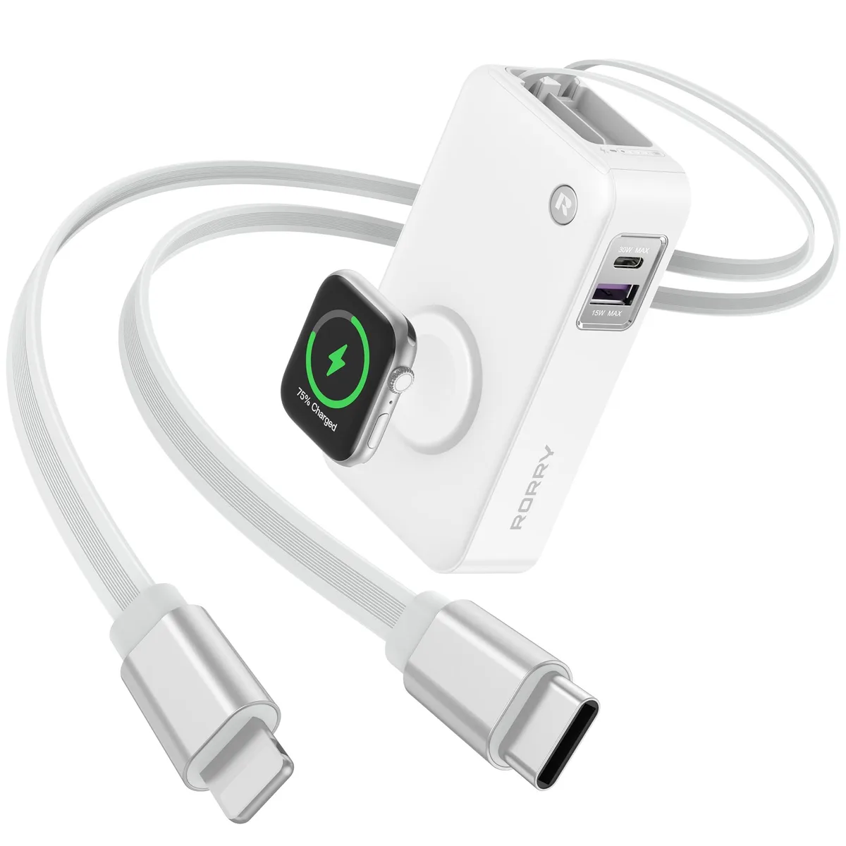 White rectangular power bank with built-in retractable cables, compact form factor, smooth matte finish