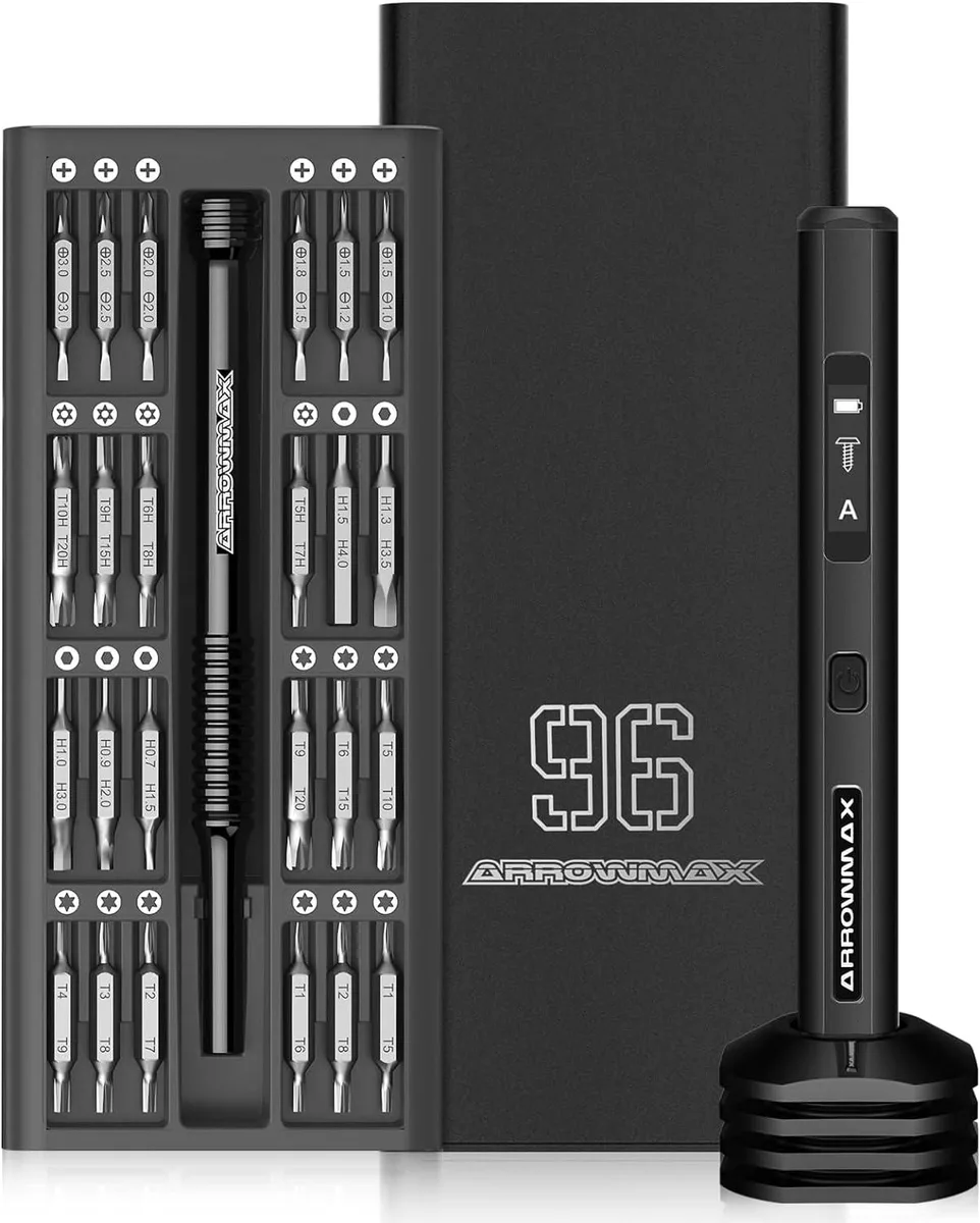 Arrowmax SES PLUS 102-piece set in storage box with electric and manual screwdrivers, 96 bits, magnetic pad, USB-C cable and stand