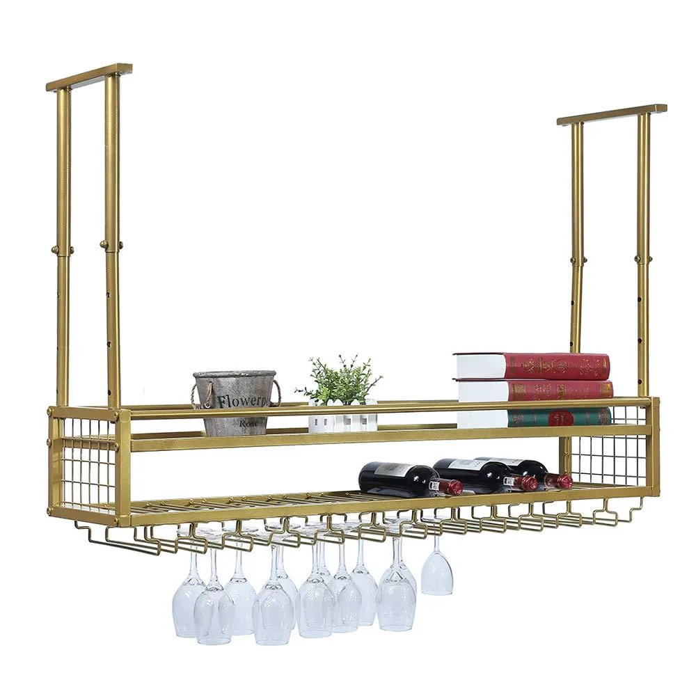 Gold iron wall-mounted wine rack 120 cm long two-tier shelf holds 18 bottles
