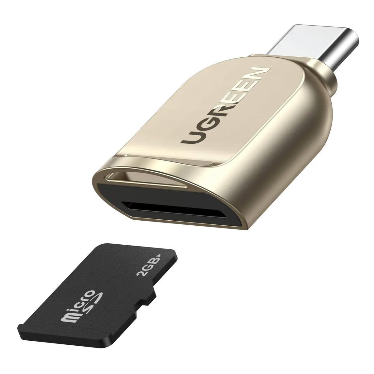 Compact USB-C microSD reader in zinc alloy with keychain