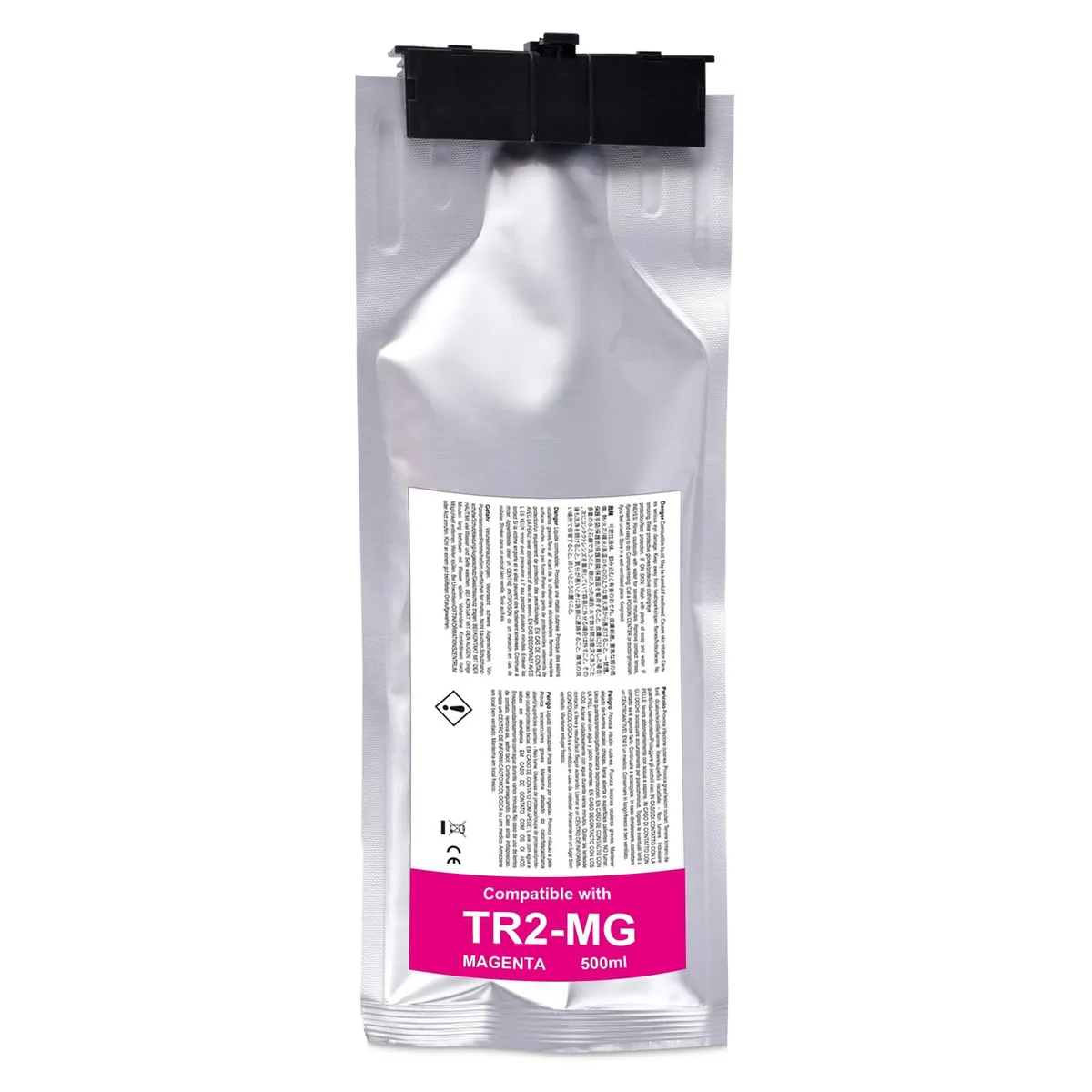 Rectangular magenta ink cartridge with clear plastic body and labelled cap
