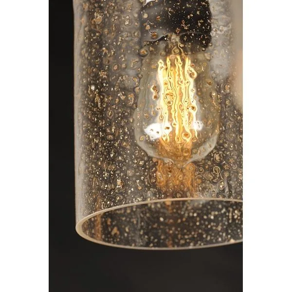 Stone seeded glass shade with gold flecks, bronze rectangular arm and squared loop, 5.5 inch wide pendant