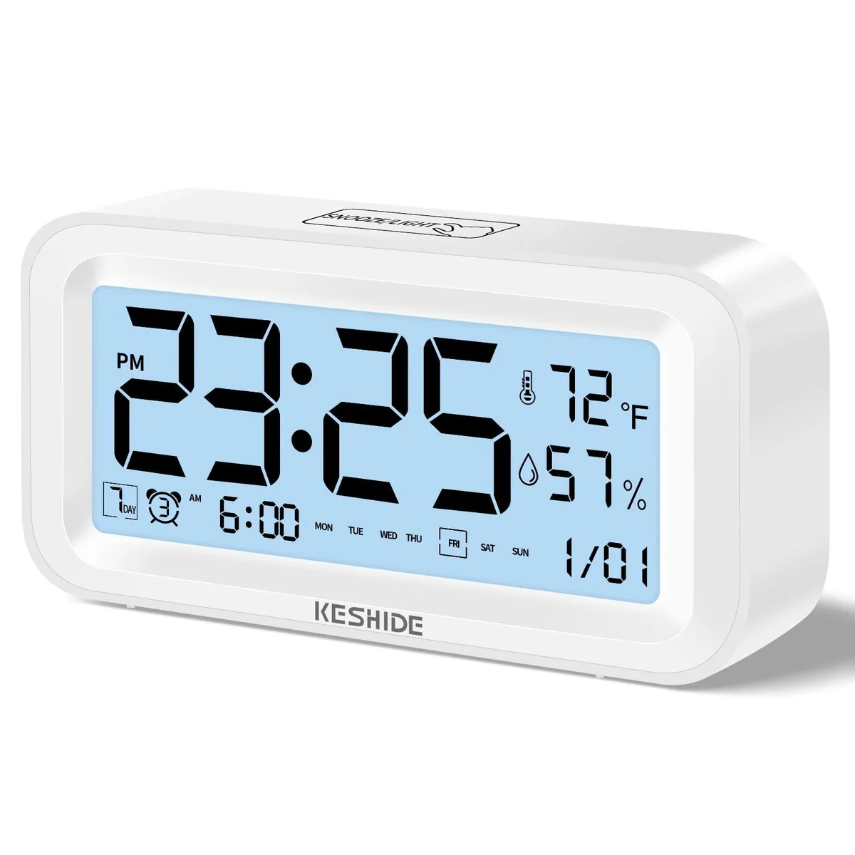 White rectangular digital clock with large display and top-mounted light and snooze buttons