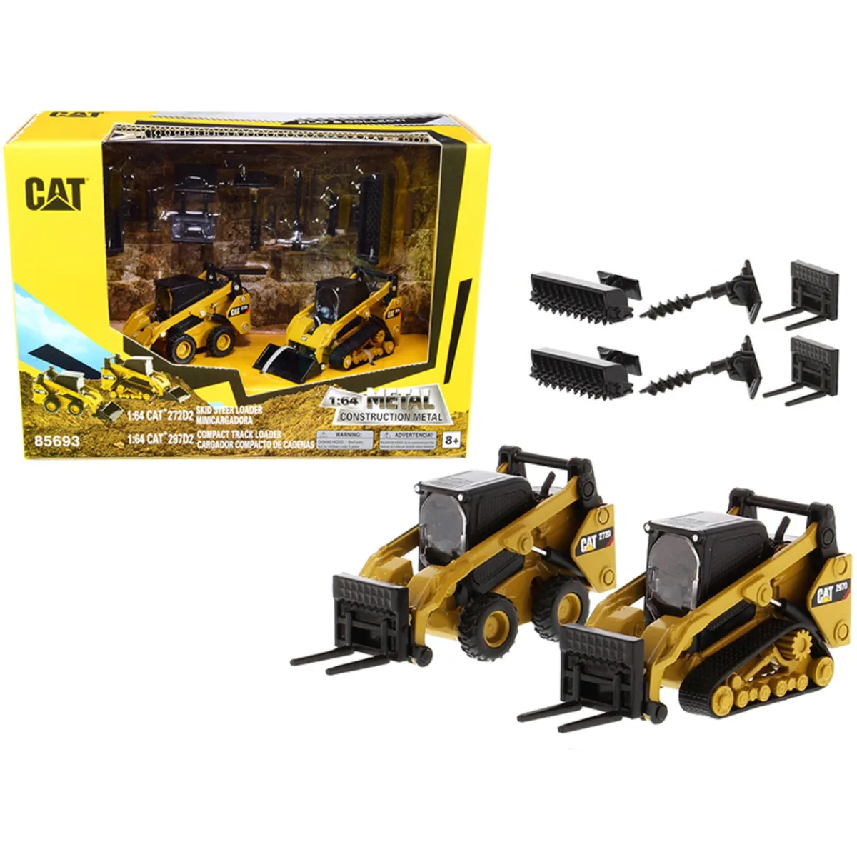 Two 1/64 scale CAT loaders in window box, yellow diecast with articulated arms and tracked or wheeled undercarriage