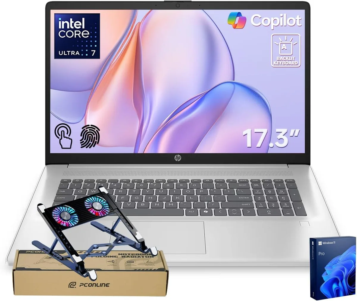 HP HP Essential 17T laptop Ultra 7 255U 32GB DDR5 1TB SSD 17.3" HD+ touchscreen bundle PCO cooler — product photo