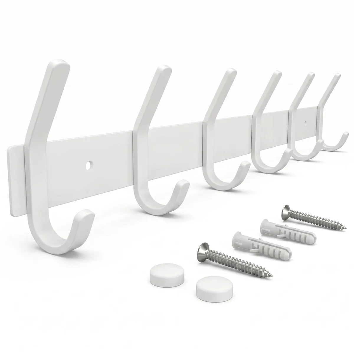White 17-inch stainless steel coat rack with six double hooks