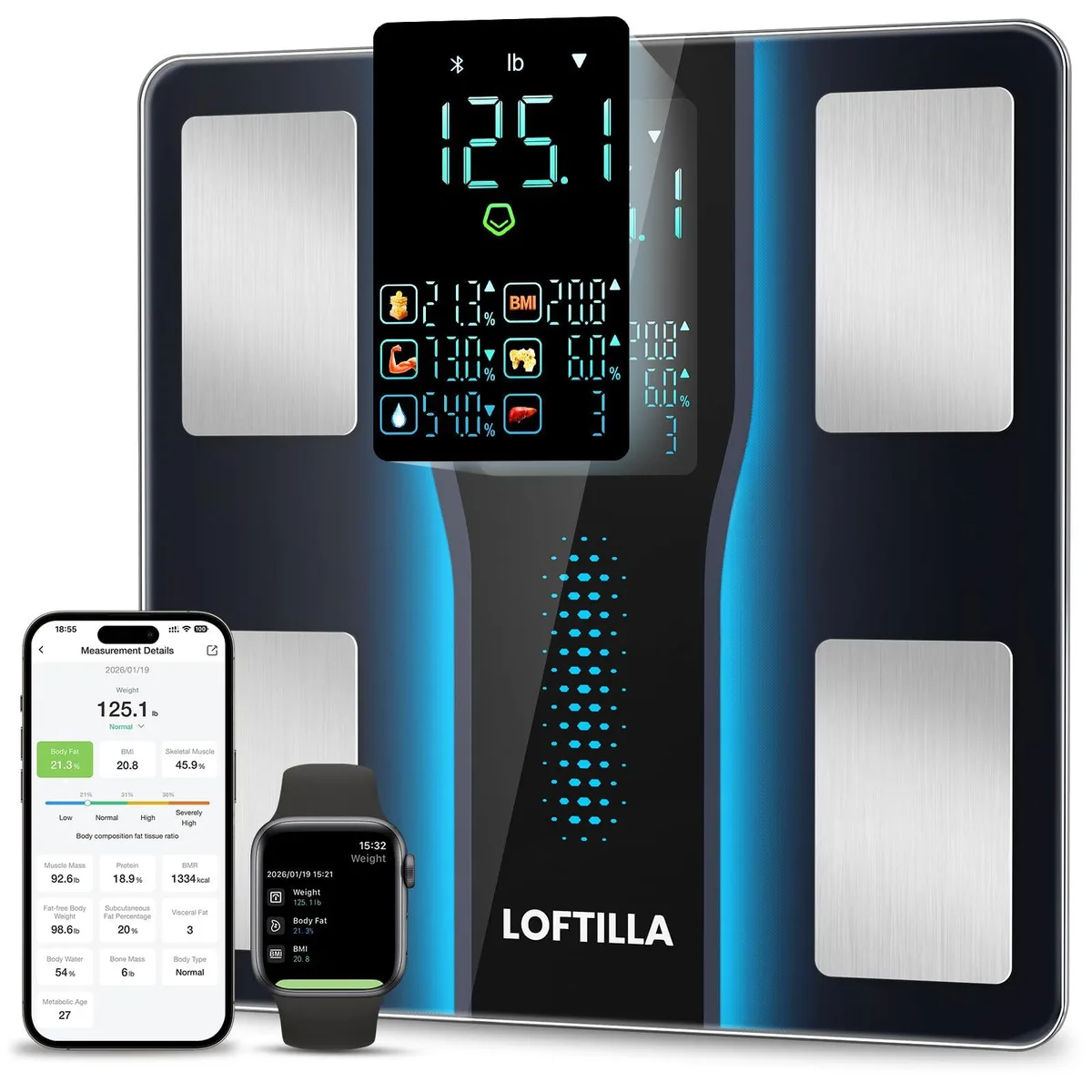 Black square floor scale with a 5.4 inch LED display showing weight and body metrics