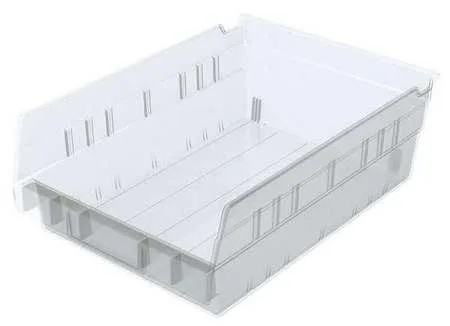 Clear plastic shelf bin, open top, hangable and nestable, moulded label area, 11 5/8 in long