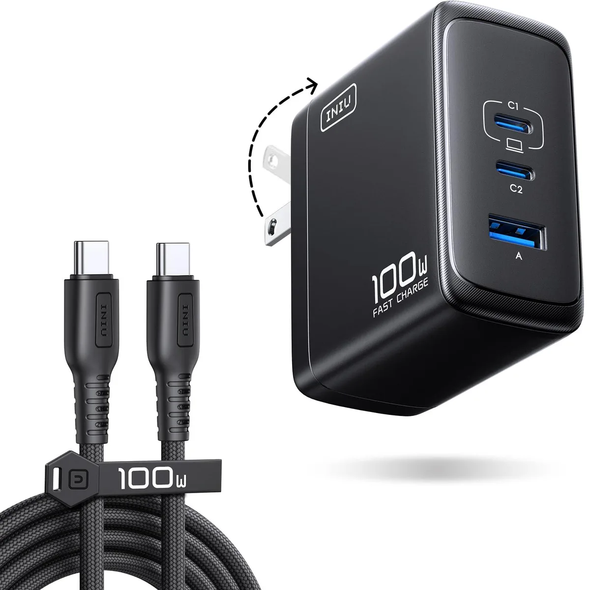  INIU A11-E1 100W 3-Port GaN USB-C Power Adapter Black — product photo