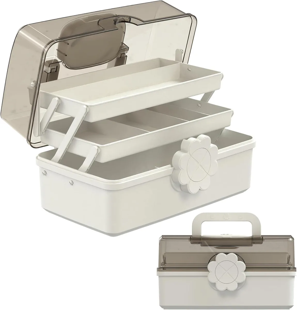 White three-layer lockable storage box with handle, 11.4 x 6.5 x 6.3 inches, transparent lid, flower turn lock