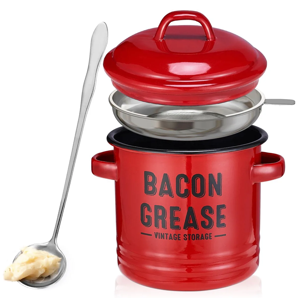 Red enamel bacon grease container with stainless steel strainer and lid