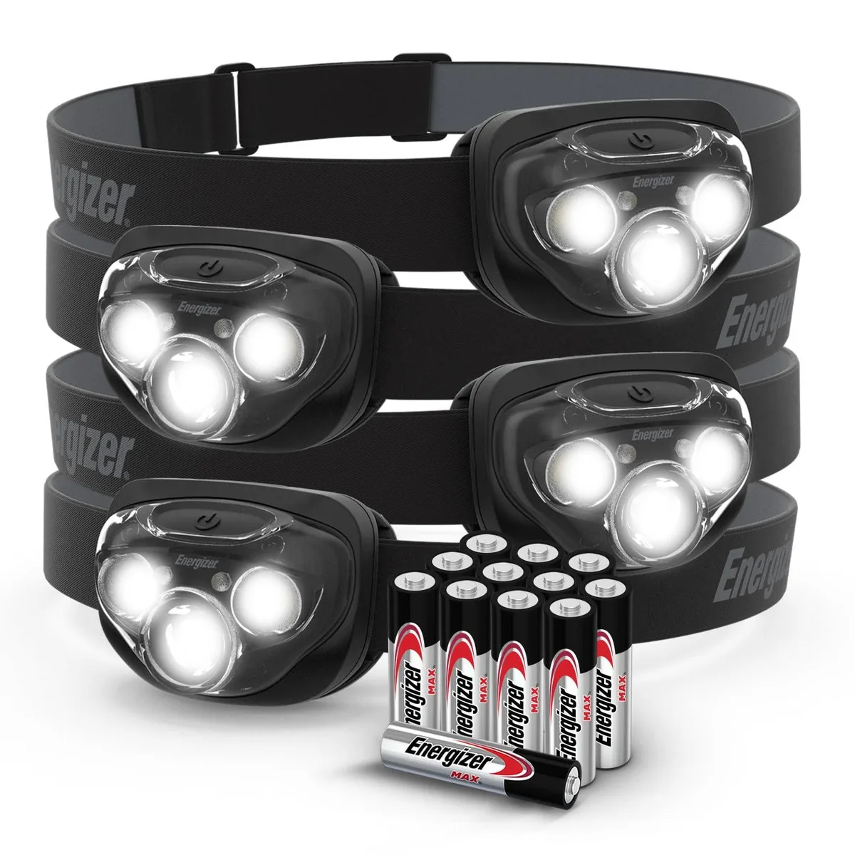 Four Energizer PRO LED headlamps in a pack, lightweight plastic with adjustable headbands