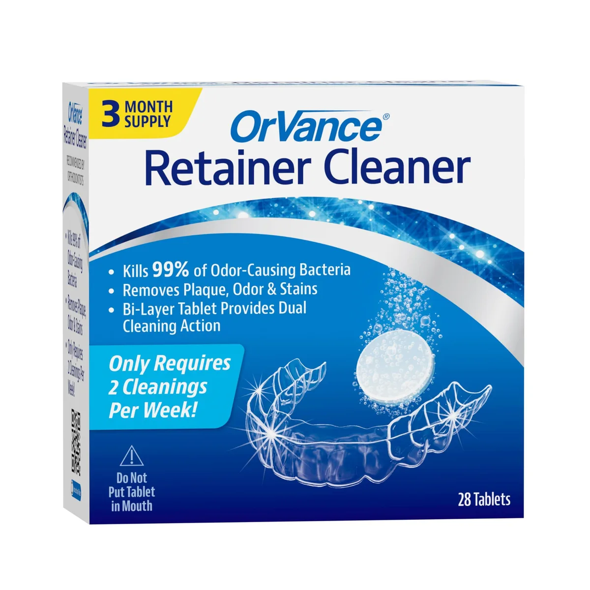 White rectangular box containing 28 retainer cleaning tablets