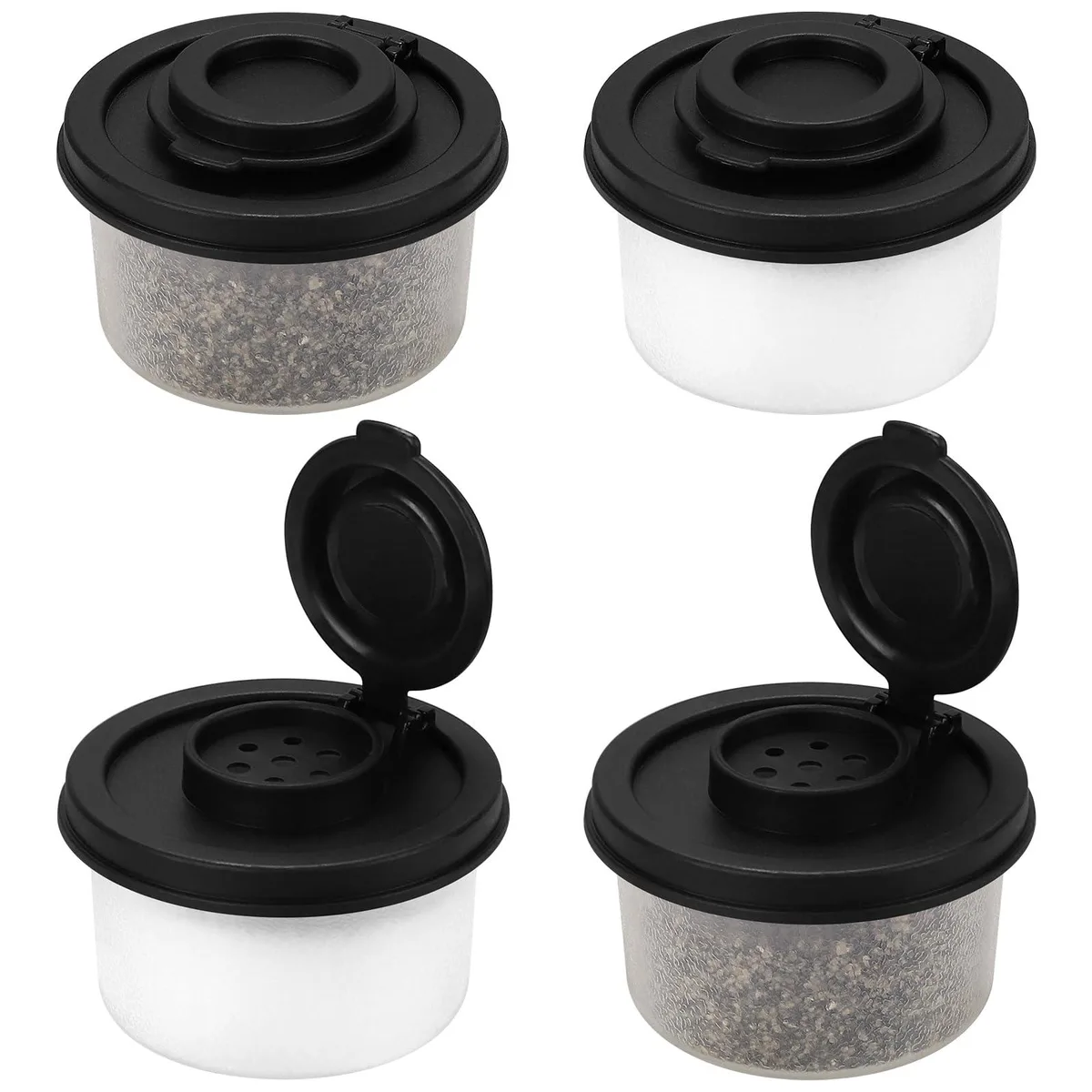 Four small black cylindrical shakers with snap lids