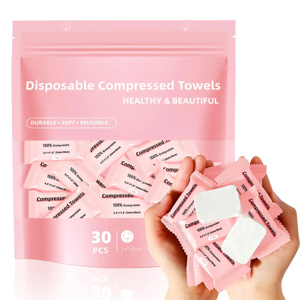 White rectangular box holding 30 small compressed cotton towels