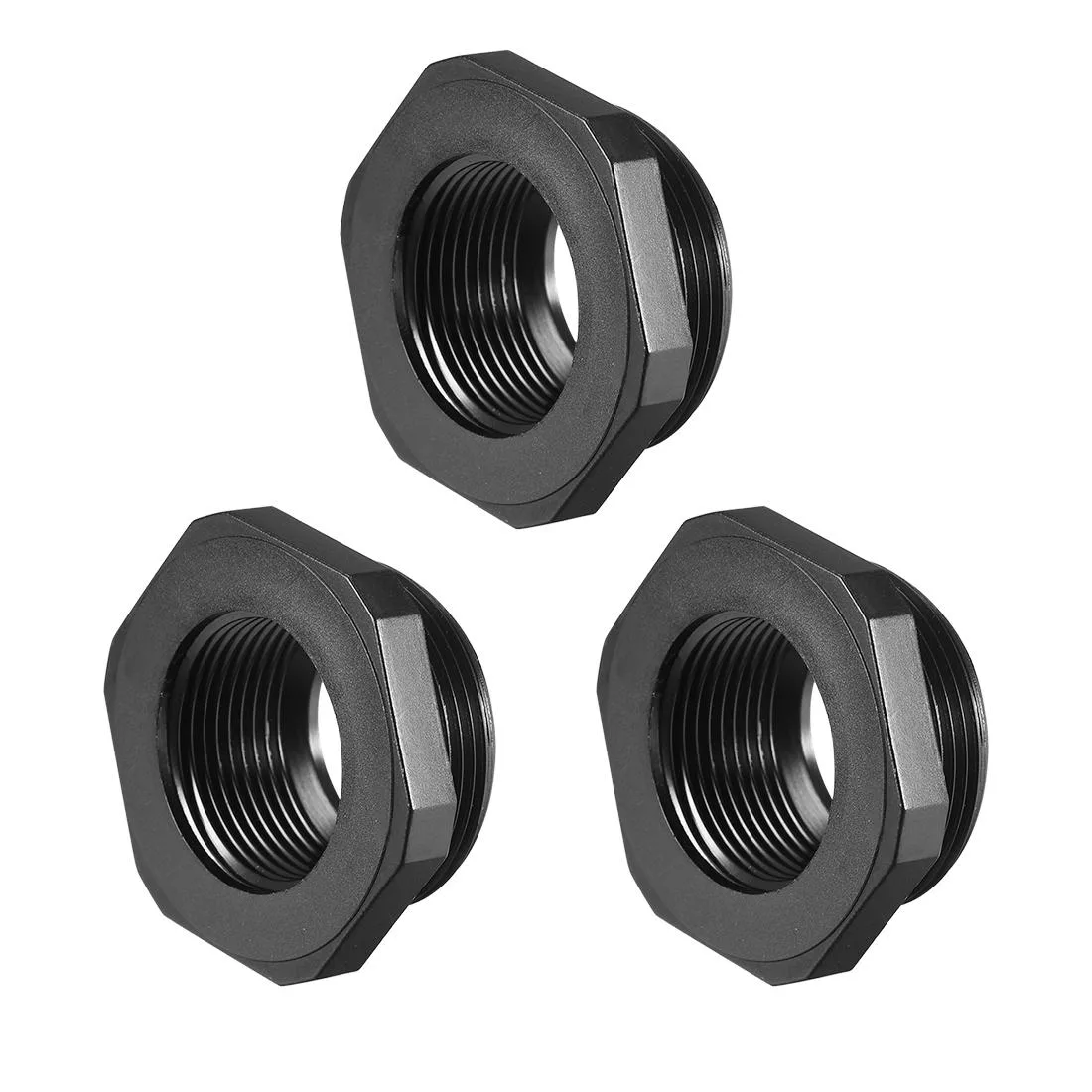 Three black nylon reducing bushings M32 male to M25 female threads