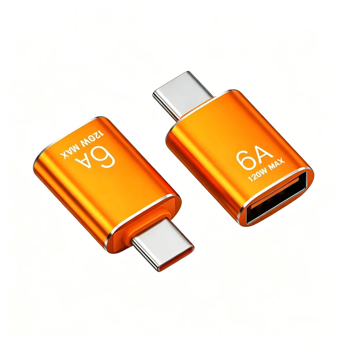 Small orange USB-C to USB-A adapter with aluminium finish