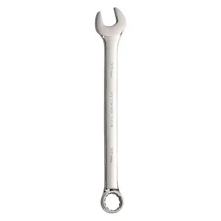 Polished alloy-steel combination wrench, 32 mm head, offset box end