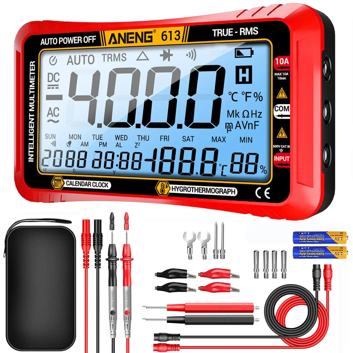 Red digital multimeter ANENG 613 with large LCD screen