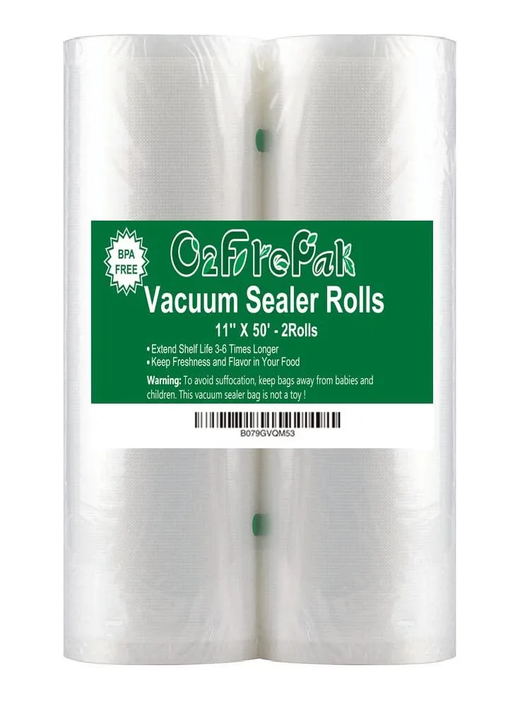 Two clear vacuum sealer bag rolls, 11 inches by 50 feet each, embossed texture