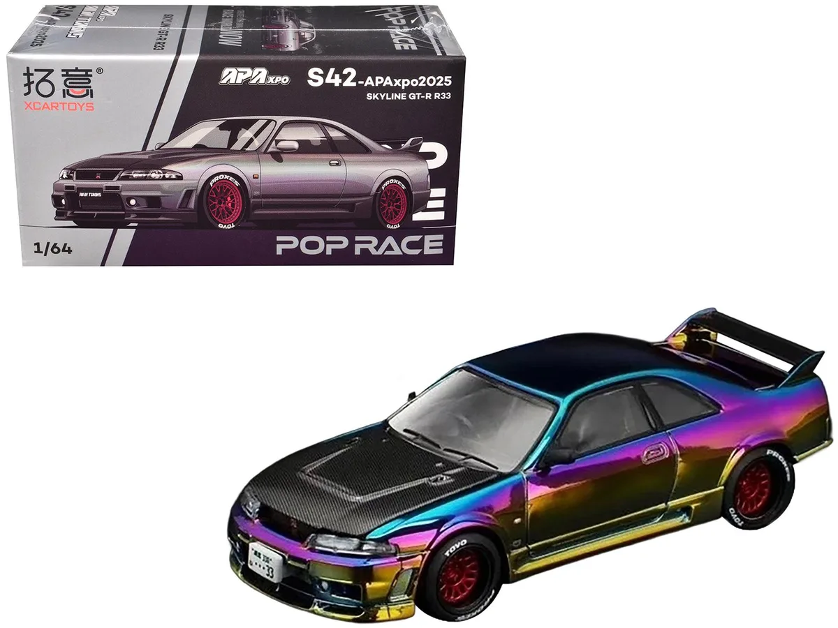Pop Race Pop Race Skyline GT-R R33 RHD Chameleon Chrome Carbon Hood APA XPO 2025 Exclusive 1/64 Hobby Collectible — product photo