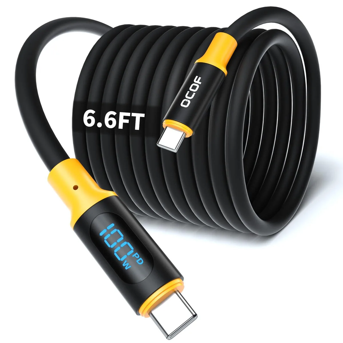 Black silicone USB-C to USB-C cable with LED power display, 6.6 ft
